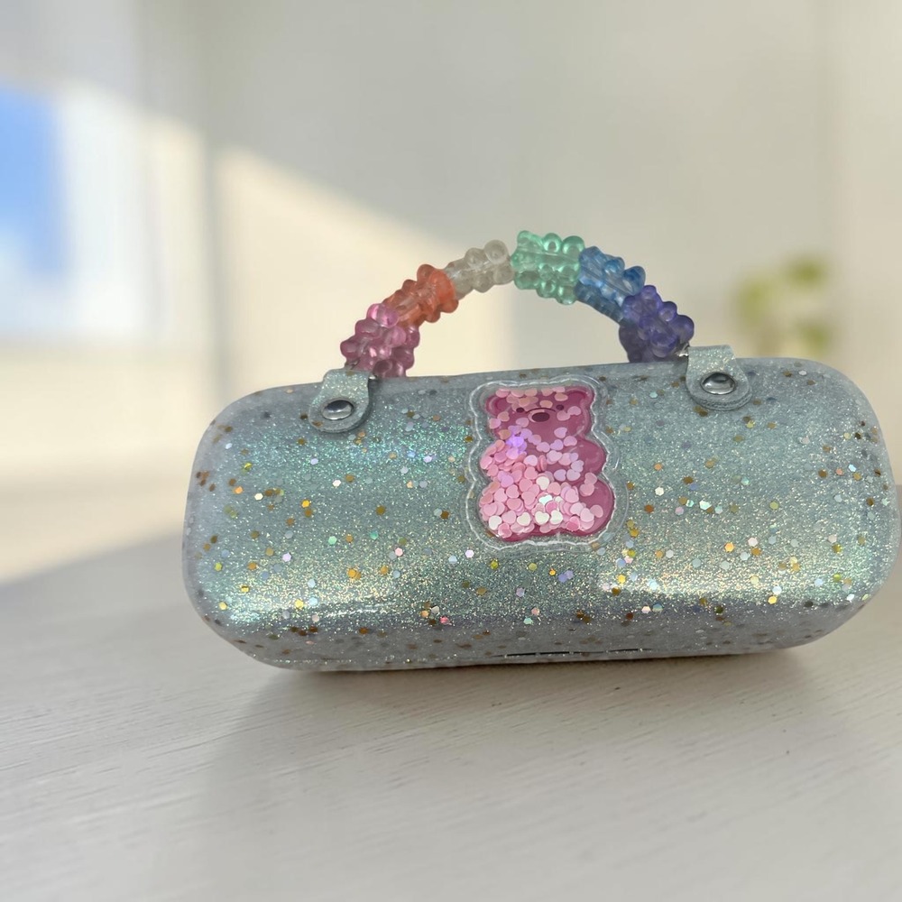 Silver Glitter Gummy Bear Hard Shell Glasses Case Rainbow Beaded Handle WG13100